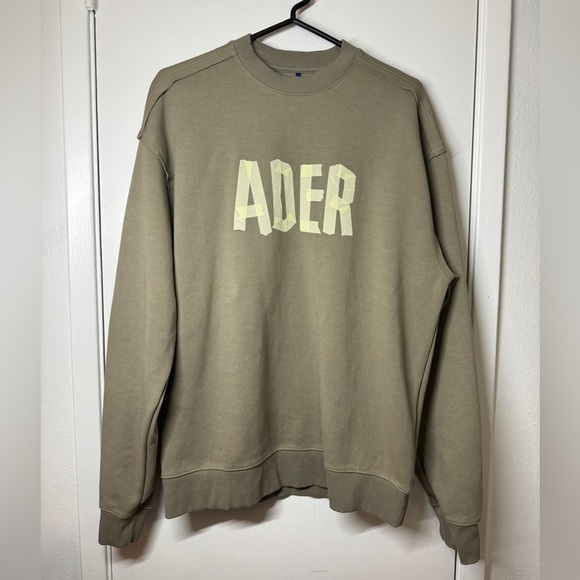 ADER ERROR Tape Logo Spellout Beige Green Pullover Sweatshirt Size A1 US Size S - Picture 3 of 15
